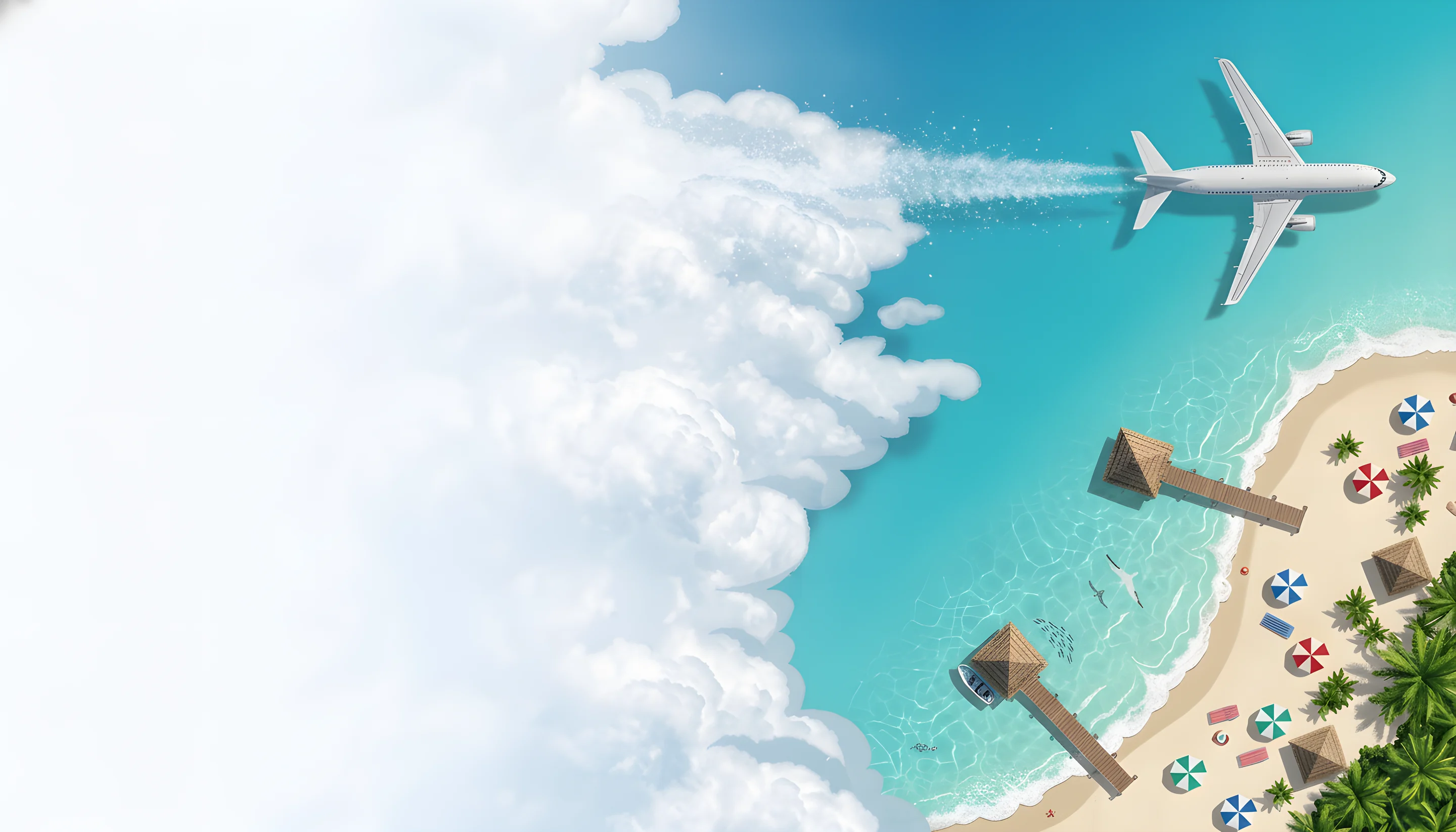 Airplane flying over clouds toward a tropical beach